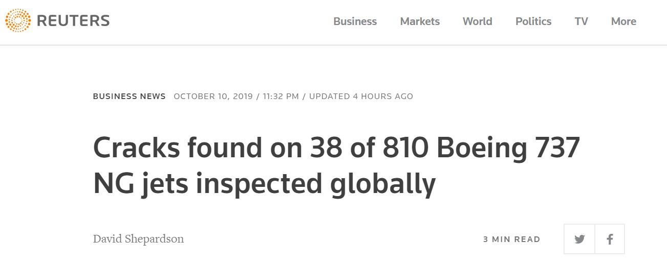 38架737NG飛機存在裂縫 檢查或將致運力下降4%