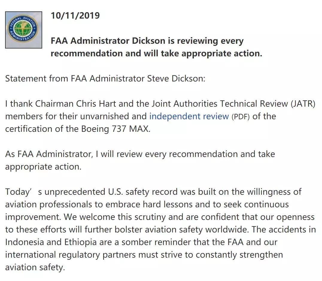FAA發布十國局方審查小組對737MAX的審查報告