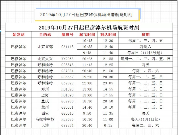 歐洲航運代理-10月27日起，巴彥淖爾機場開始執行新的航班時刻（附圖）