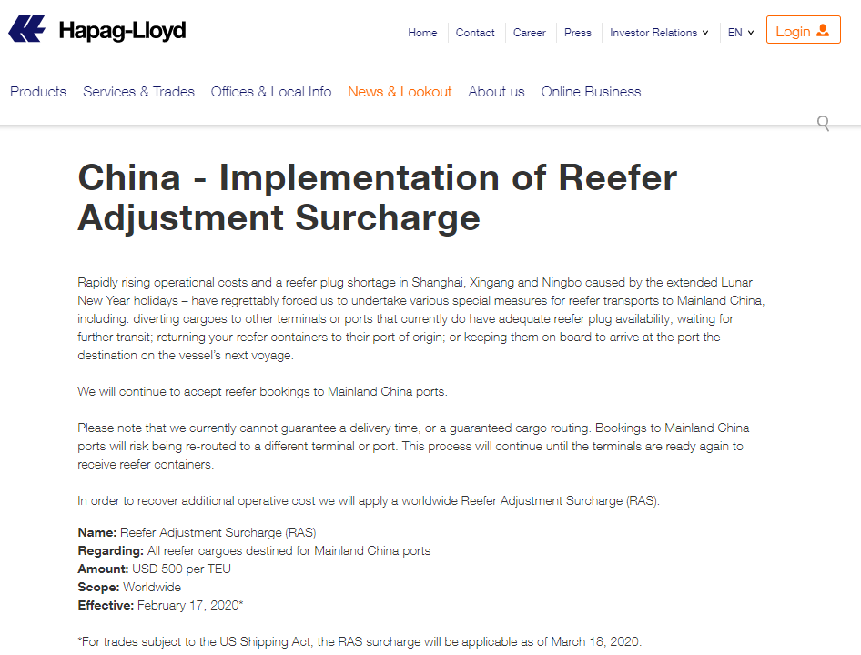 廣州出口空運價(jia) 格-赫伯羅特關(guan) 於(yu) 收取冷藏箱調整附加費（RAS）的通知（附圖）