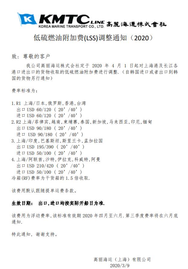 以色列的空運-圖：KMTC關(guan) 於(yu) 4月起低硫燃油附加費(LSS)調整通知